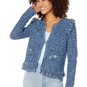 Lilly Pulitzer Blue Tweed Sonora Cardigan with Fringe